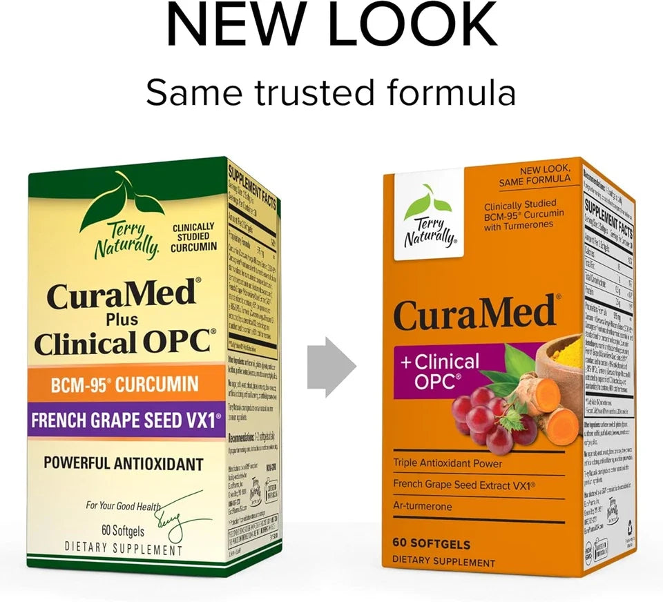 Terry Naturally Curamed + Clinical OPC, 60 Softgels, with BCM-95 Curcumin NonGMO Fit And Glow